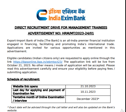 India Exim Bank Recruitment 2023 Official Notification