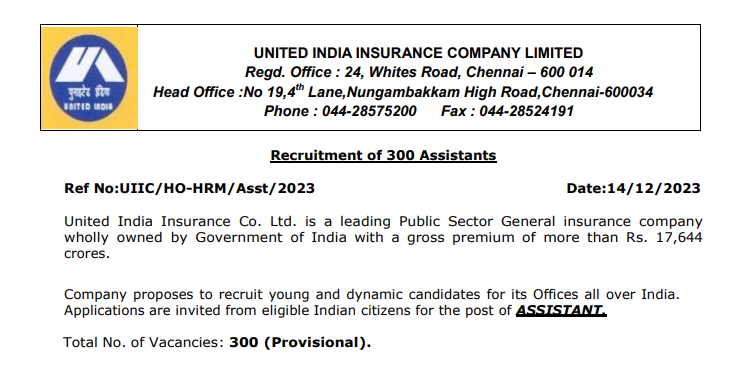UIIC United India Insurance Assistant Recruitment 2023 Official Notification